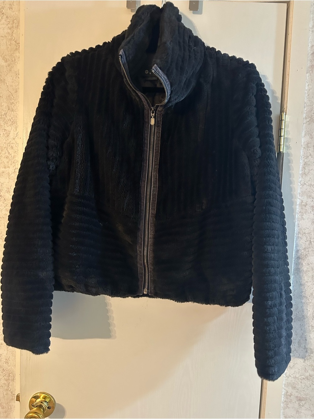 Anthropologie Black Ribbed Plush Zip Jacket